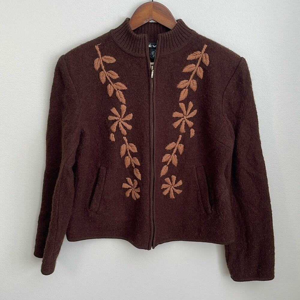 Revue Brown Vintage Wool Leaf Zip Up Cardigan Sweater Size L